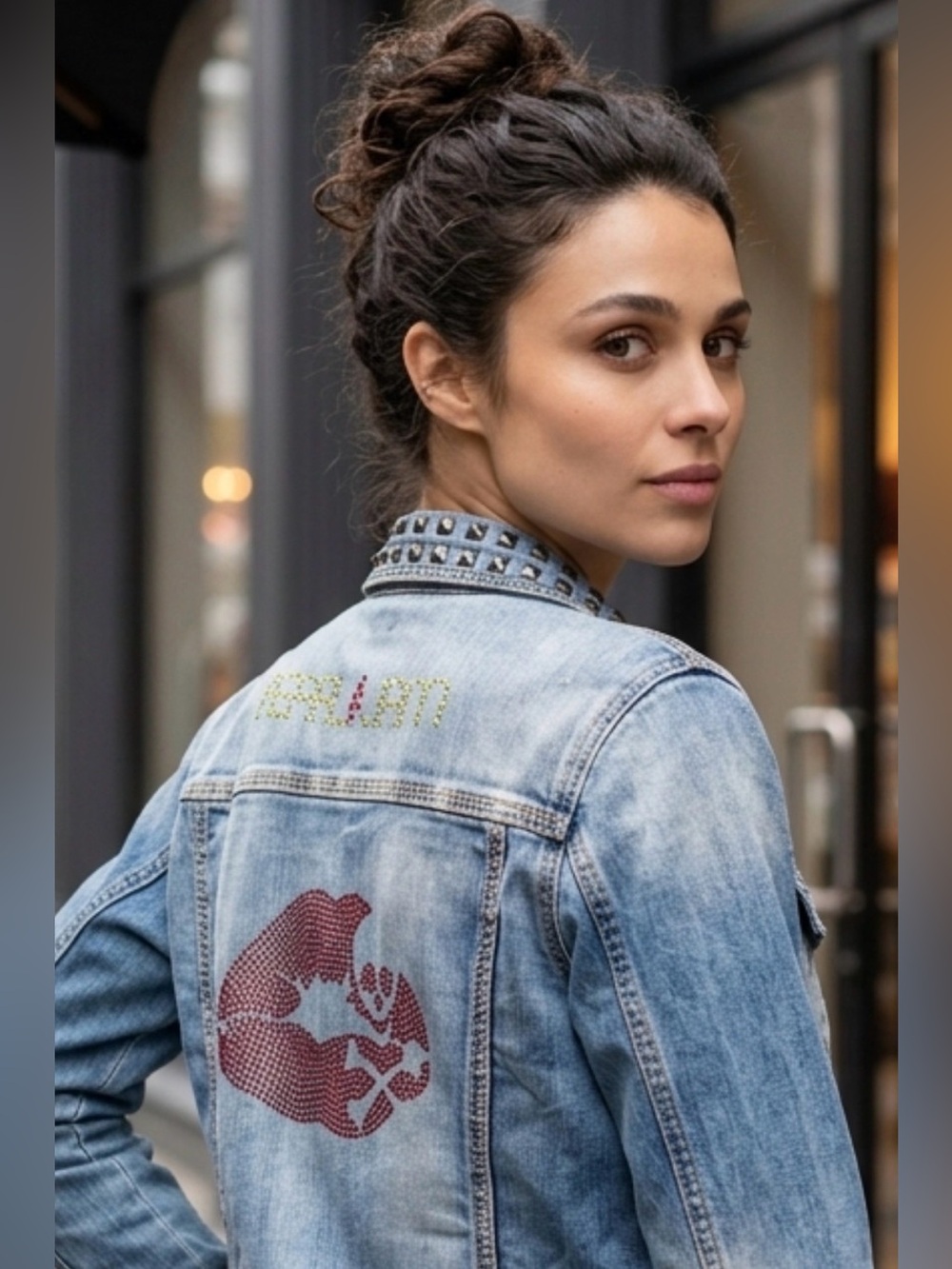 Pearl Jam Jean Jacket w Rhinestone Lip design on back. Grunge Glam! Handmade